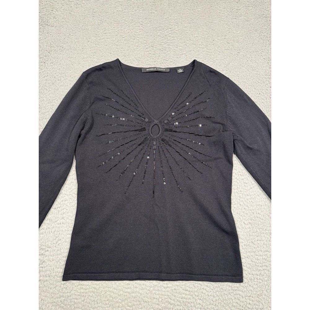 Michelle Nicole Black‎ Fitted Top Key Hole Long Sleeve Sequins Beads Knit Large